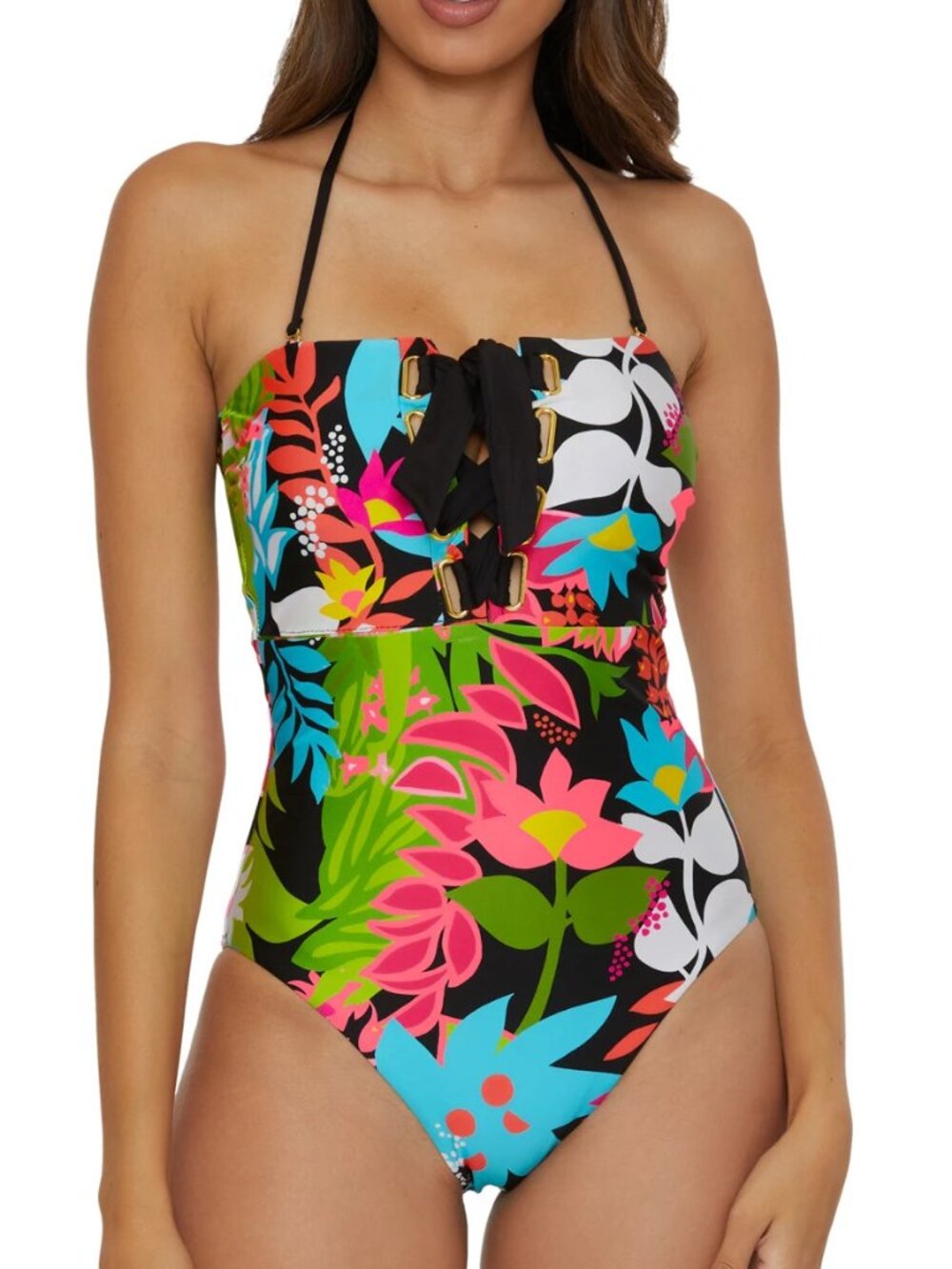 NWT Trina Turk Tiki Lace Up Bandeau One Piece Swimsuit in Floral 8